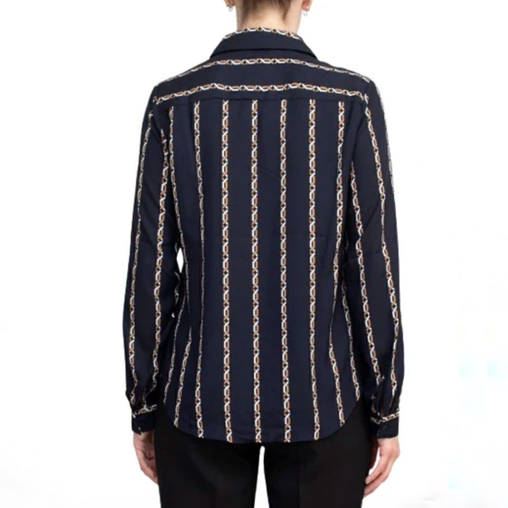 Carmen Marc Valvo Button Up Long Sleeve Chain Link Print Blouse Top - Picture 3 of 5